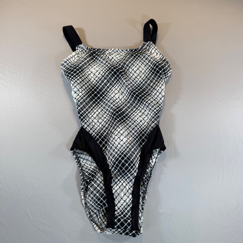 Jantzen Vintage One Piece Swimsuit Black White Plaid Textured Size 10 High Cut